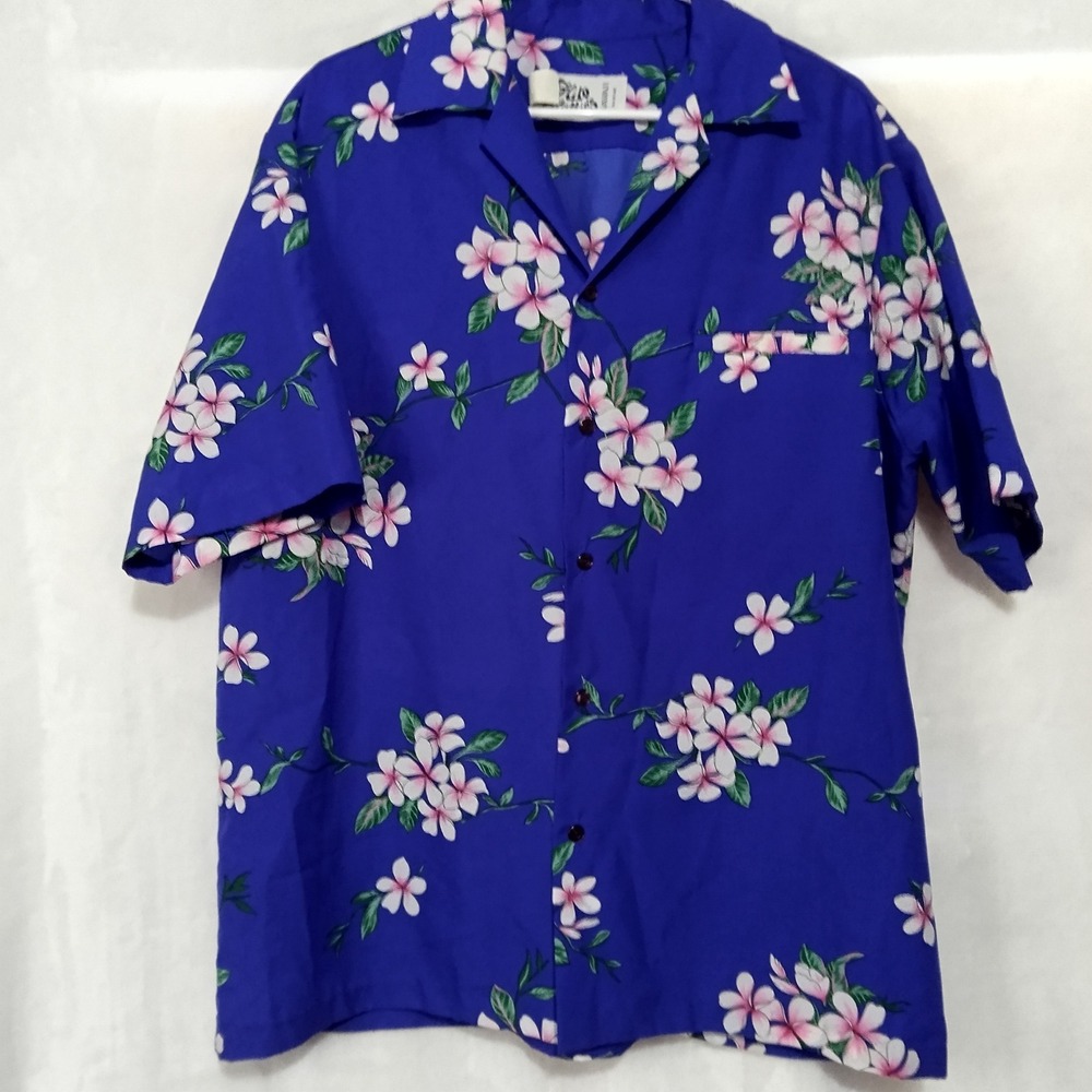Hilo Hatties Hawaii Mens XL Blue Pink Plumeria Floral Aloha Camp Shirt Vintage